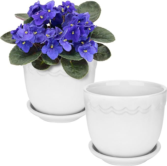 White Ceramic 4-Inch Scallop Design Succulent Planter Pots with Attached Saucers, Set of 2 | Amazon (US)