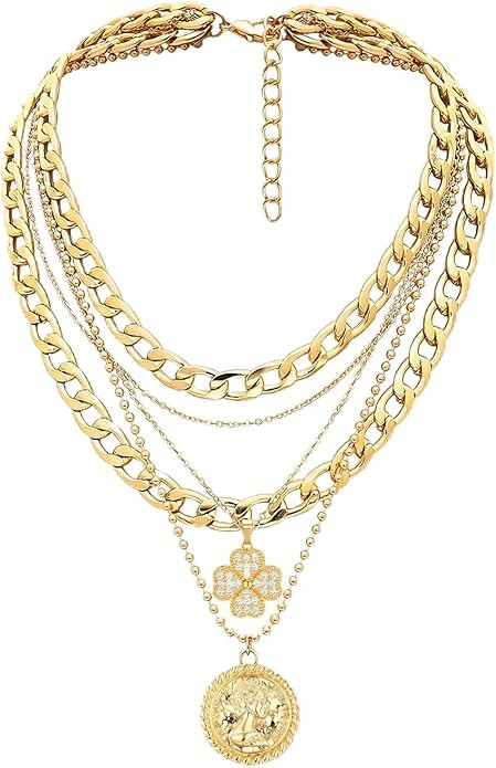 MJartoria Layered Necklaces for Women Trendy Retro Coin Pendant Necklace Dainty Chunky Chain Chok... | Amazon (US)