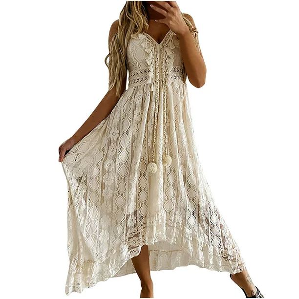 MELDVDIB Summer Dress for Women Hollow Out Tassel Lace Solid Ankle-Length Dresses Sexy Sleeveless... | Walmart (US)