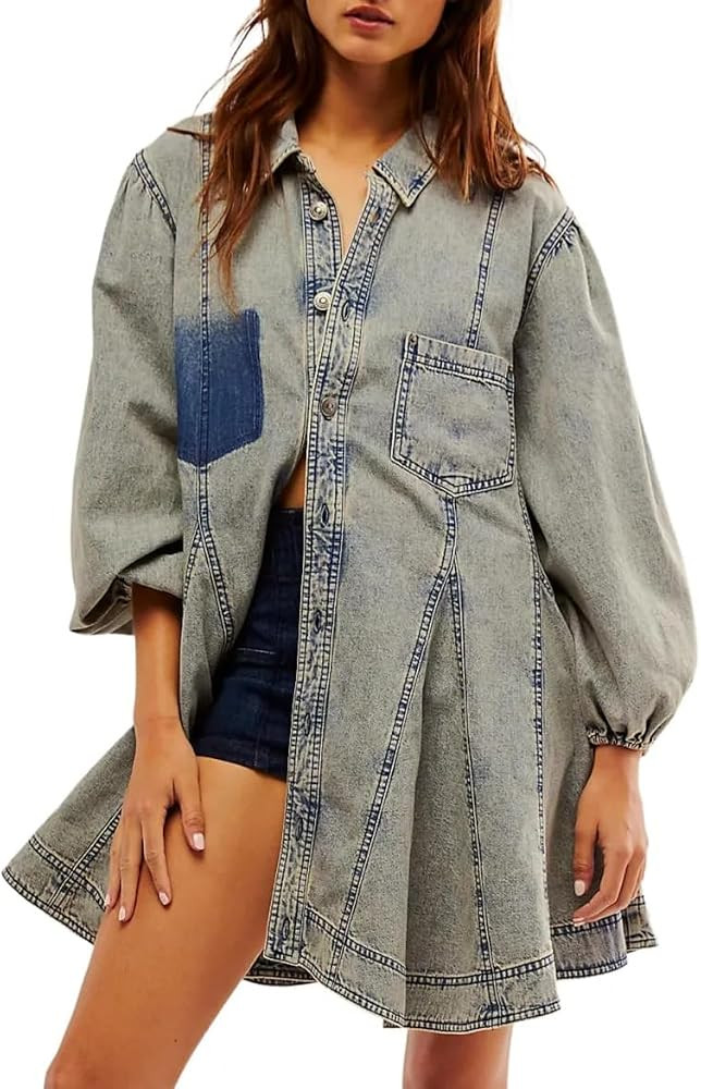 utcoco Womens Long Sleeve Button Down Denim Dress A Line Swing Ruffle Midi Jean Dress with Pocket... | Amazon (US)