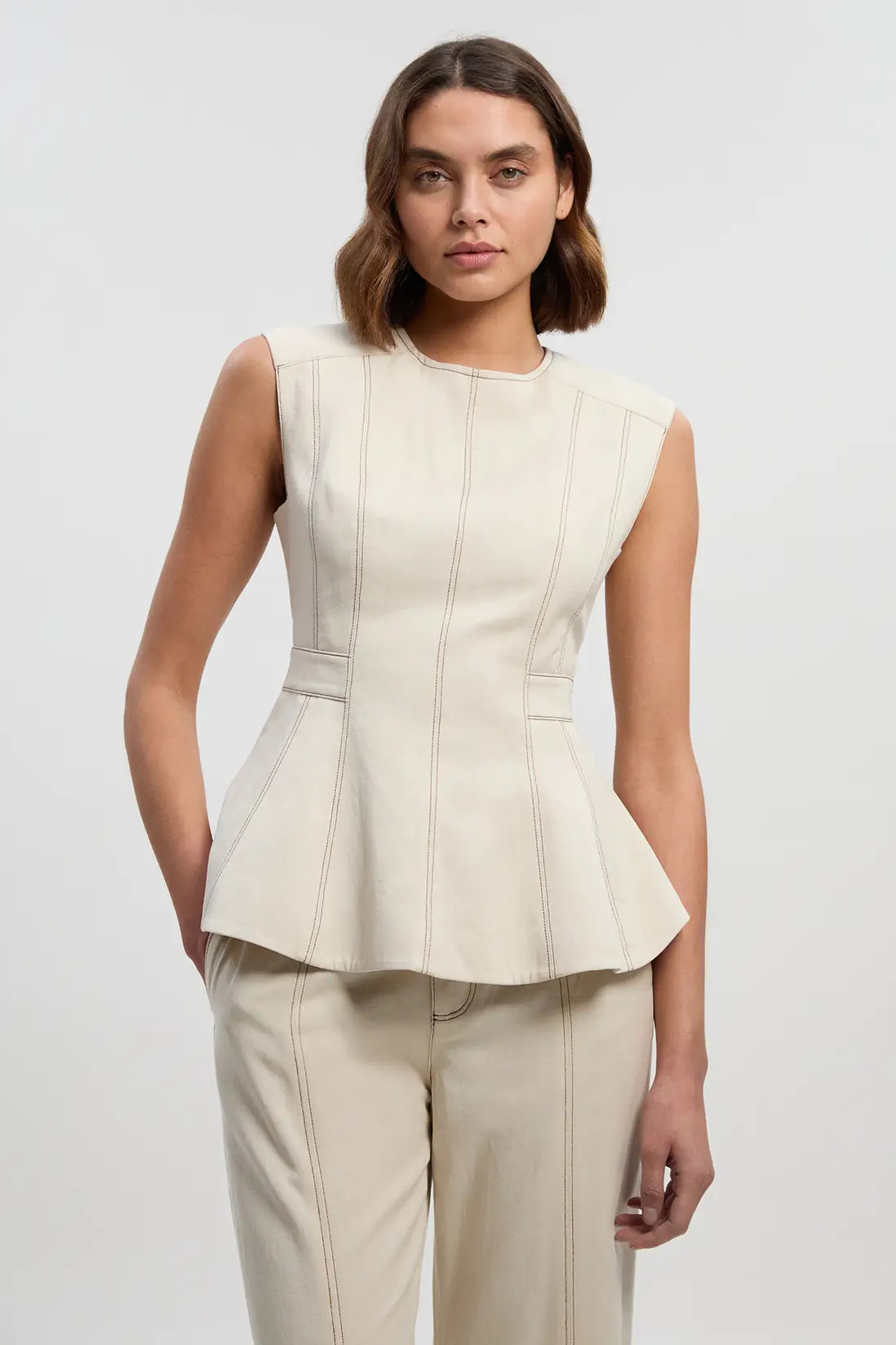 Petite Tencel Cotton Contrast Zip Up Woven Peplum Top | Karen Millen UK + IE + DE + NL