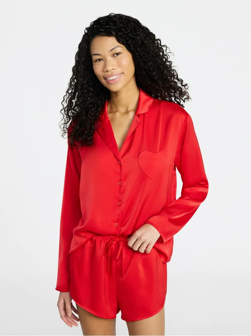 No Boundaries Sleepwear Satin Long Sleeve Button-Up Top and Shorts Set, 2-Piece, Women’s XS-XXL | Walmart (US)