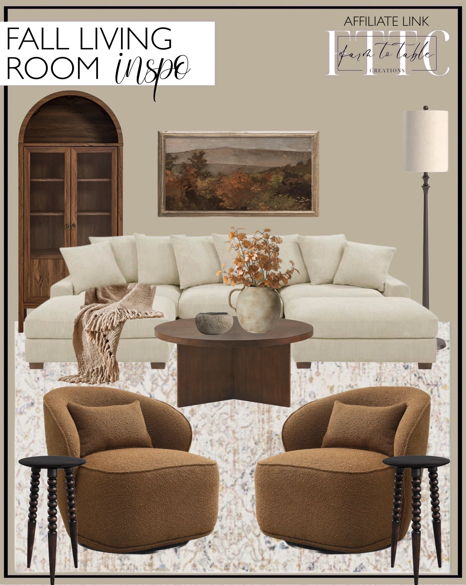 Fall Living Room Inspo. Follow @farmtotablecreations on Instagram for more inspiration.

Martha Stewart Sadie Walnut Wood Coffee Table. Ashira 5 - Piece Corduroy Sectional. Benfield Beige Machine Washable Area Rug. Modway Tessa Arched Display Cabinet. Alecs 64'' Bronze Traditional Floor Lamp. Arijit 33" Wide Boucle Armless Upholstered Swivel Barrel Chair. Lessing End Table. Hussam ceramic table vase. Panoramic Autumn Forest Painting / Narrow Earth Tone Art PRINTABLE / Fall Country Scenery Print. Textured basketweave knit throw. Fall leaf branches. Rosewood Stoneware Decorative Bowl. Wayfair Black Friday Sale. Wayfair Deals. Wayfair Sales. Fall Living Room. Living Room Decor. Living Room Furniture. Round Coffee Table. 




#LTKFindsUnder50 #LTKHome #LTKSaleAlert