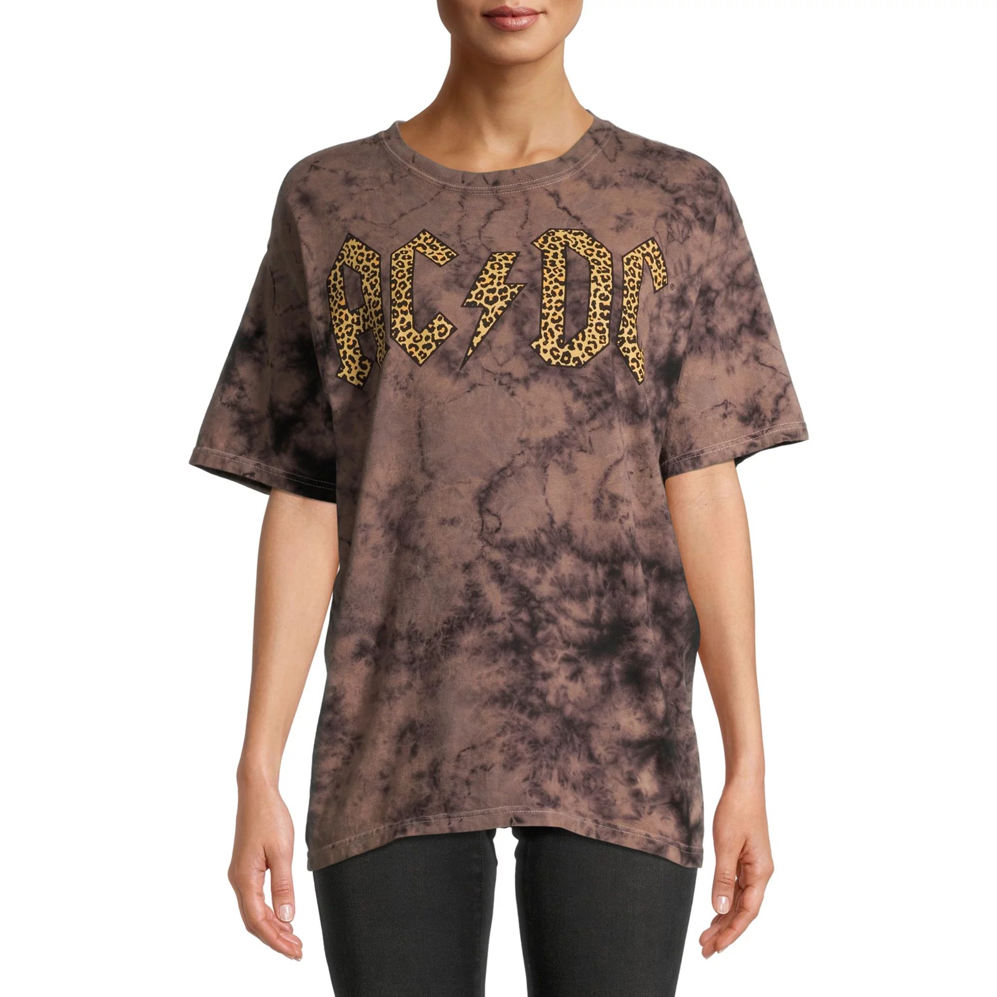 ACDC Women's Leopard Acid Wash Short Sleeve Graphic T-Shirt | Walmart (US)