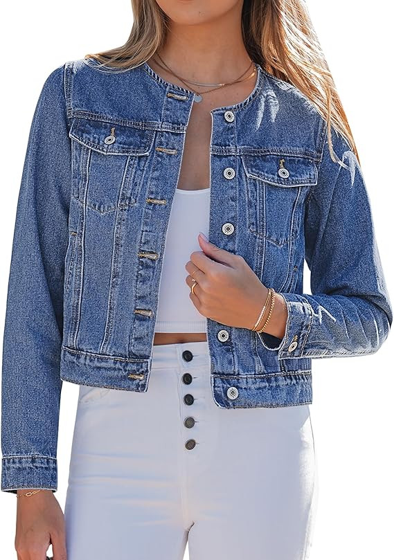 luvamia Jean Jacket Women Trendy Collarless Button Down Long Sleeve Casual Western Denim Jacket C... | Amazon (US)