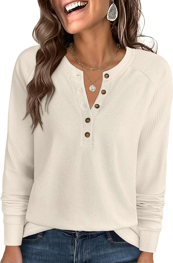 ANRABESS Women's Long Sleeve Waffle Knit Shirts Dressy Casual Loose Button Up V Neck Henley Tops ... | Amazon (US)