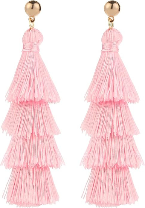 BaubleStar Tassel Earrings Handmade Tiered Thread Tassel Dangle Earrings, Multi Colors | Amazon (US)
