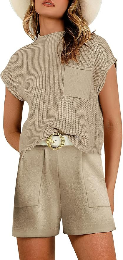 Prinbara Women's 2 Piece Outfits Summer Sweater Short Sets Knit Pullover Tops and Shorts Tracksui... | Amazon (US)