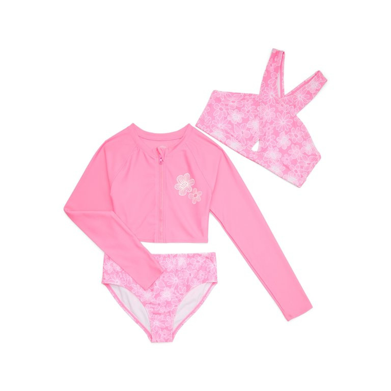 Wonder Nation Girls Long Sleeve Zip-Up Crop Rash Guard with Bikini Top and Bottom Swimsuit, 3-Pie... | Walmart (US)