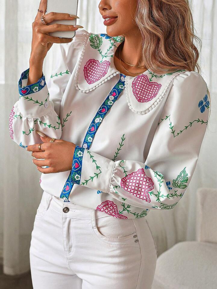 SHEIN Clasi Vintage Peter Pan Collar Puff Sleeve Placement Print Shirt | SHEIN