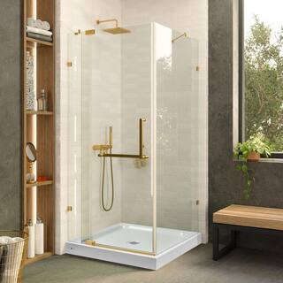Frameless Corner Shower Stall w/ 36 in. L x 36 in.W Shower Base in Satin Brass 34 in. L x 34 in. W x 74 in. H Enclosure | The Home Depot