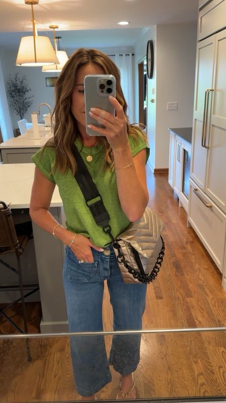 Love this green. 
Crossbody by Think Rolyn. A perfect, everyday size. Color: Pearl cashmere 
S tee
Linking similar jeans
Necklaces - use code: twopeasinablog at Miranda Frye
@thinkrolyn #ad

#LTKStyleTip #LTKOver40