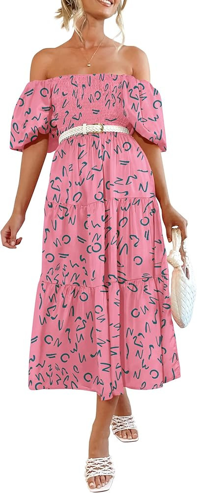 PRETTYGARDEN Womens Summer Puffy Short Sleeve Square Neck Smocked Tiered Ruffle Midi Dress | Amazon (US)