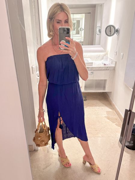 Resort outfit idea. Strapless dress and accessories from Amazon, Nordstrom, Target. Love the ginko tree drop earrings. 

Over 40, vacation outfit, Amazon fashion 

#LTKover40 #LTKfindsunder50 #LTKtravel