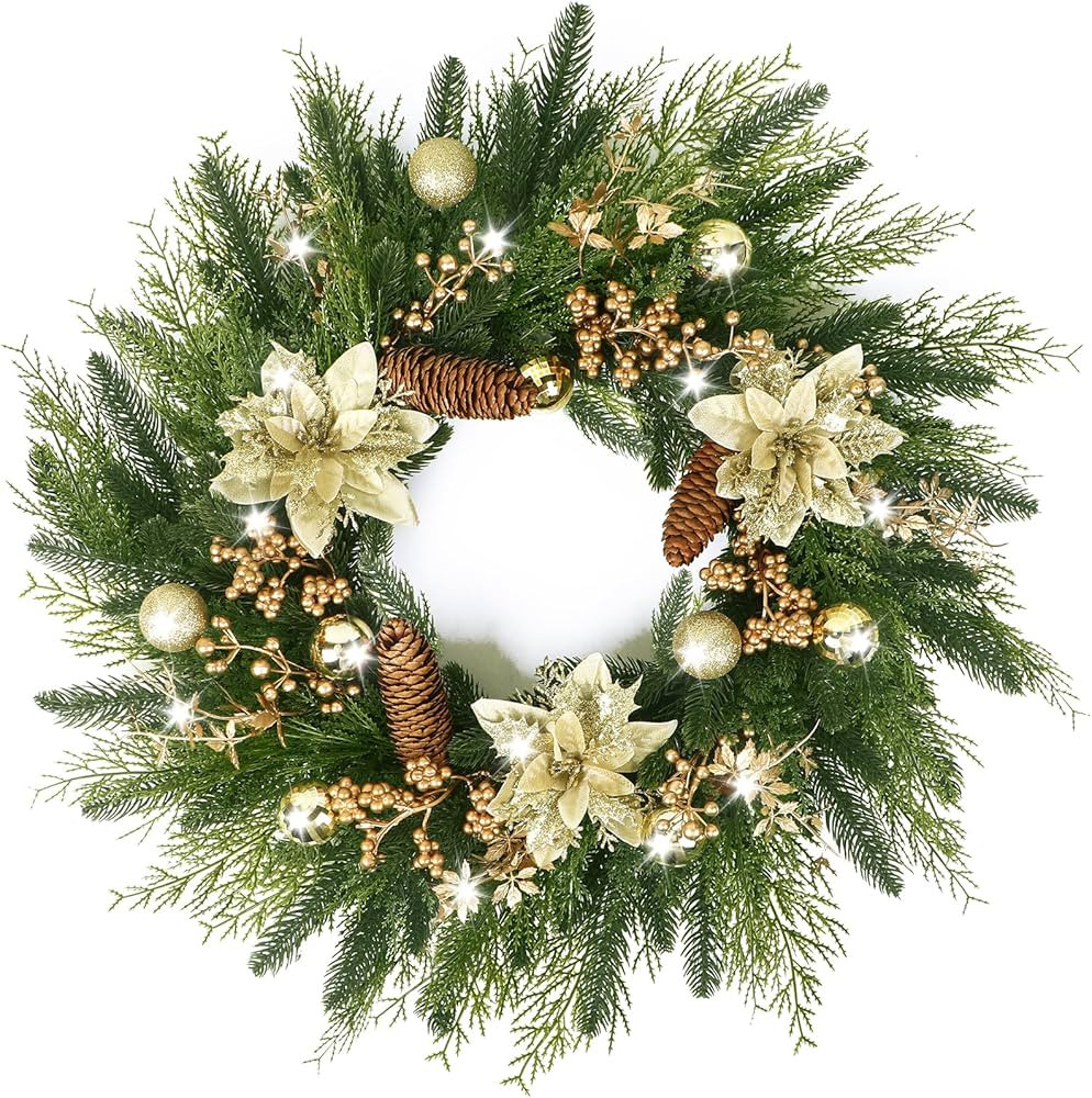 24” Christmas Wreaths for Front Door, Christmas Wreath with Lights Gold Flower Berry Leaves Bal... | Amazon (US)