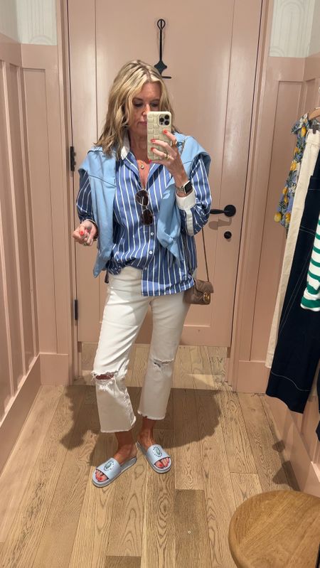 #ootd

Coastal shopping outfit 
Great for travel too.

Spanx button up blue and white stripe shirt., fit tts 
🚨SAVE 10% off all Spanx with my CODE: DEARDARCYXSPANX

Express frayed hem flared cropped  tts

Amazon sweatshirt free people dupe  oversized 

Julie Vos jewelry necklace, strings bracelet and rings

(Slides Madison Masion) 
Linked Amazon slide 

#LTKStyleTip #LTKOver40 #LTKWorkwear