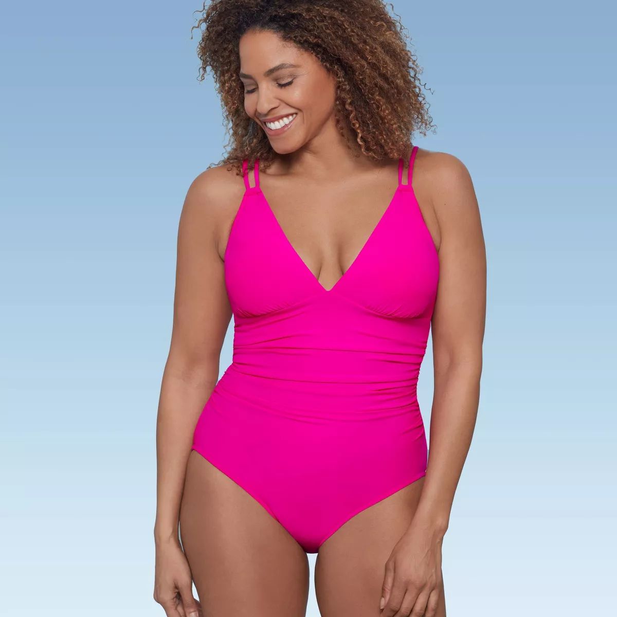 Women's UPF 50 V-Neck Shirred One Piece Swimsuit - Aqua Green® Pink | Target