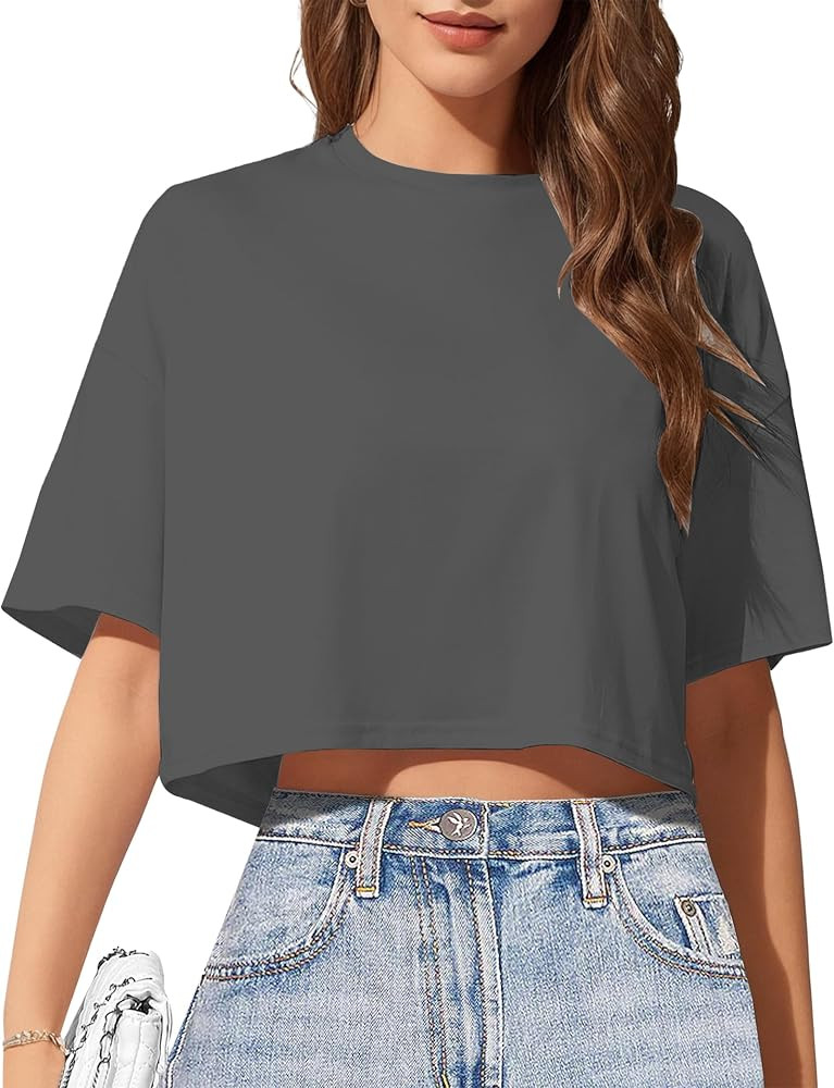 Women's Basic Crop Top Drop Shoulder T Shirt Half Sleeve Cropped Tee Crewneck Short Sleeve Casual... | Amazon (US)