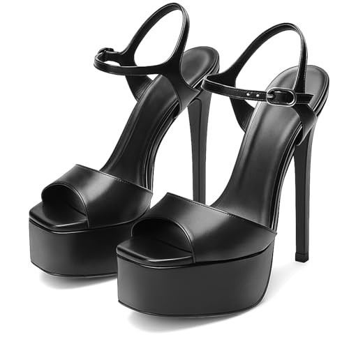 UBWDU Matte Black Platform Heels for Women Peep Toe Ankle Strap Stiletto Heel Pumps Suqare Open Toe Heeled Sandals Size 6 | Amazon (US)