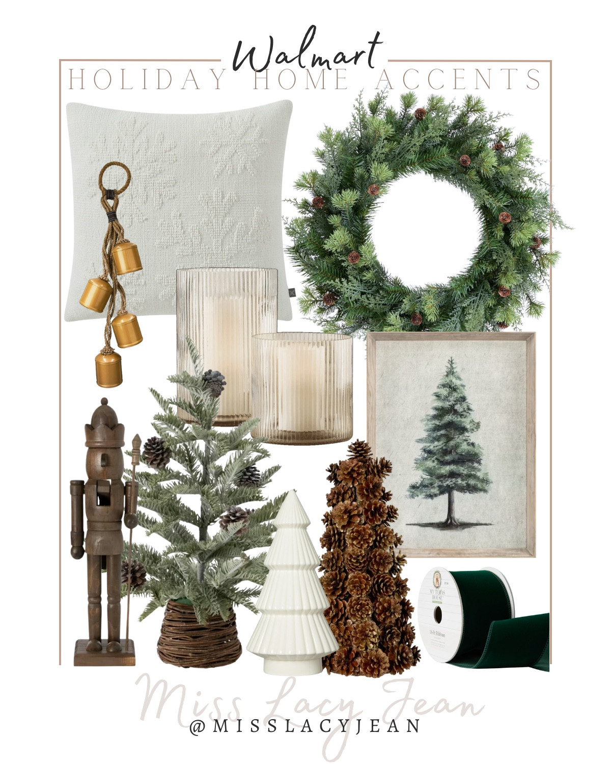Walmart holiday home accents  include snowflake pillow, gold bells, wreath, fluted candle hurricanes, nutcracker, small decorative tree, white tree, pinecone tree, velvet ribbon, christmas tree wall art.

Home decor, holiday home decor, Christmas decor, Christmas home decor

#LTKHome #LTKStyleTip #LTKHoliday