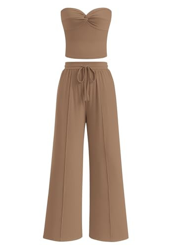 BTFBM Two Piece Sets For Women Summer Ribbed Strapless Twist Knot Tube Top Pants Set Casual 2026 Beach Vacation Outfits(Khaki, Medium) | Amazon (US)