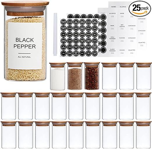 Datttcc 25 Pack Glass Spice Jars with Bamboo Lids-3.3 OZ Spice Jars with Labels and Chalk Marker-... | Amazon (US)