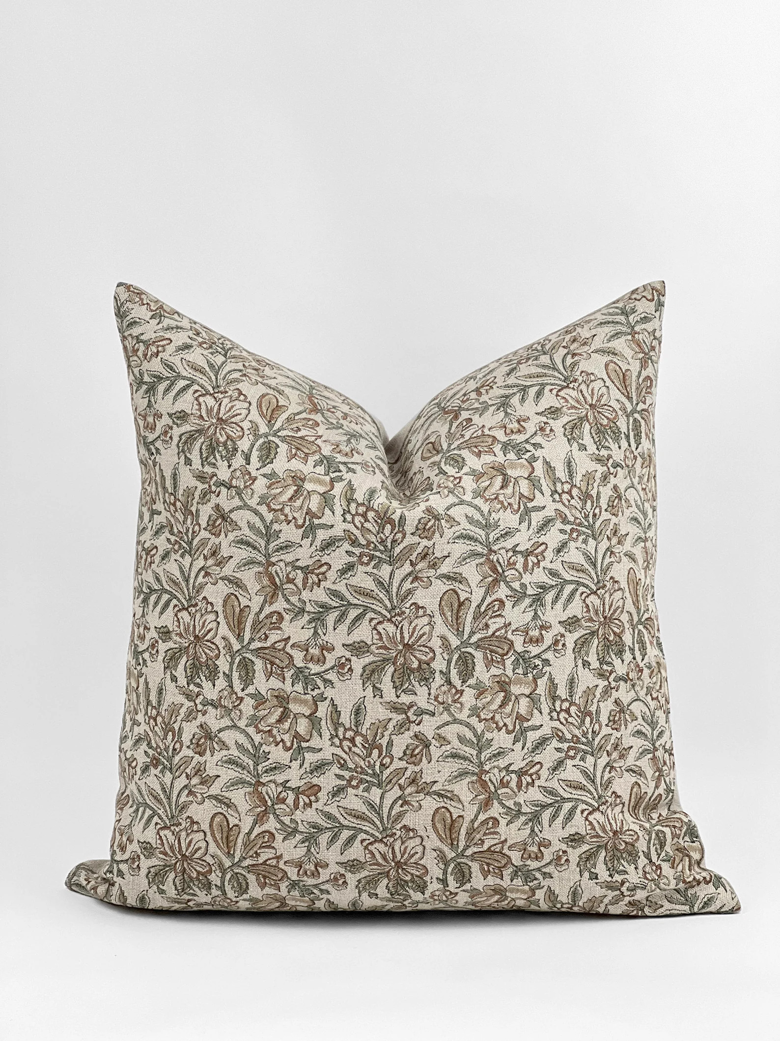 RHEA | Designer Rust Green Floral Linen Pillow Cover, Block Print Pillow, Brown Floral Pillow, Ta... | Etsy (US)