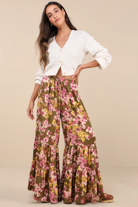 Sweeter Sunsets Olive Green Floral Satin Tiered Wide-Leg Pants | Lulus