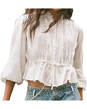 Womens Lace Tie Front Long Puff Sleeve V Neck Ruffle Peplum Top Button Babydoll Going Out Y2k Cro... | Amazon (US)