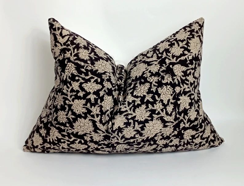black block print floral pillow, black floral pillow | Etsy (US)