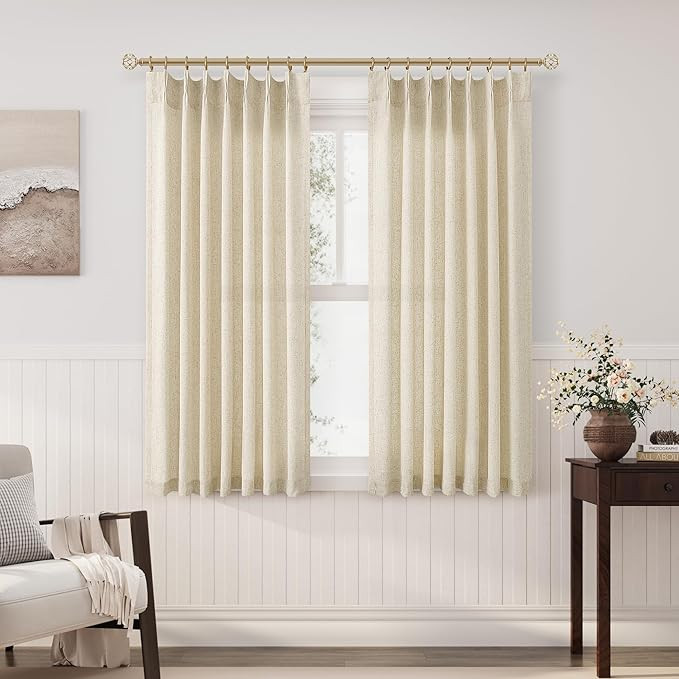 Beige Pinch Pleat Linen Curtains 54 Inch Long for Kitchen Pleated with Hooks Back Tab Light Filte... | Amazon (US)