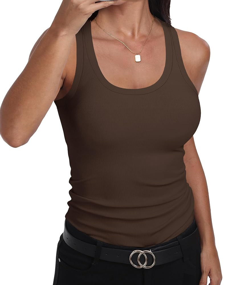 GEMBERA Womens Scoop Neck Sleeveless Racerback Ribbed Knit Slim Fitted Basic Tank Top Shirt | Amazon (US)