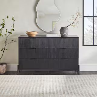 Mid-Century Modern Black 6-Drawer 56 in. W Dresser with Reeded Front | The Home Depot