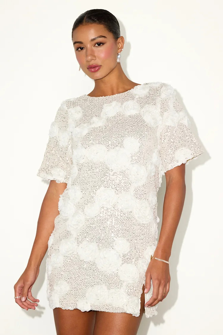 Kayleena Ivory Sequin Rosette Tie-Back Shift Dress | Lulus