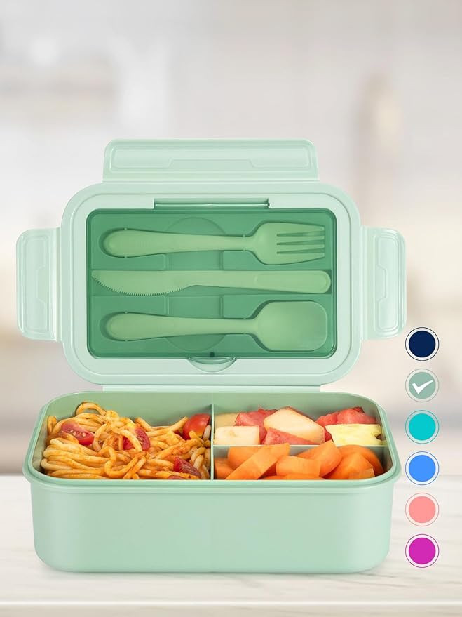 Classic Bento Lunch Box - Leak poof 3-Compartment Lunch Containers, Built-in Utensil Set, Microwa... | Amazon (US)
