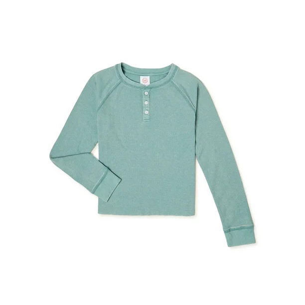 Wonder Nation Girls Long Sleeve Washed Henley Top, Sizes 4-18 & Plus - Walmart.com | Walmart (US)