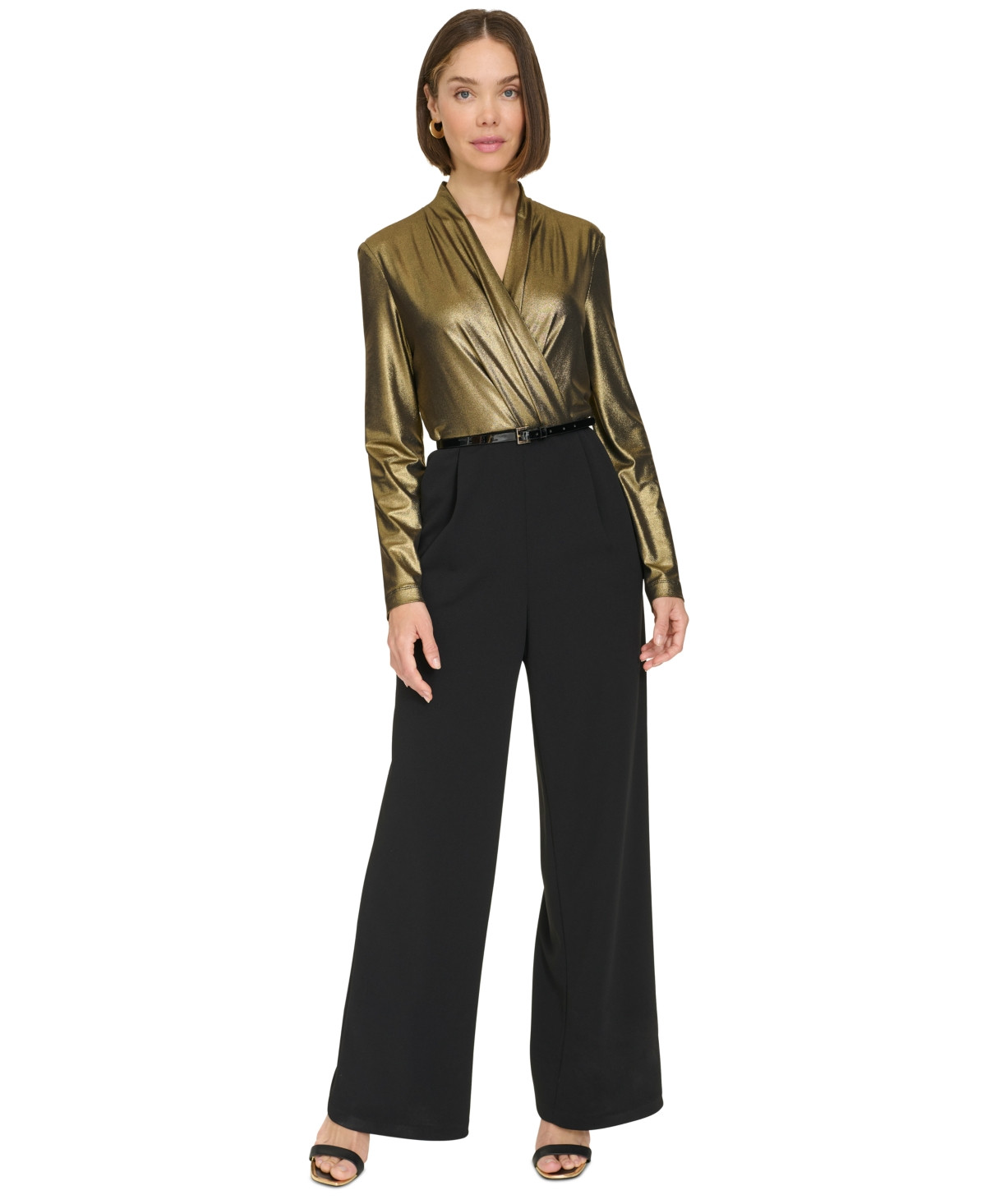 Tommy Hilfiger Women's Shimmer Belted Wide-Leg Jumpsuit - Black/Gold | Macy's