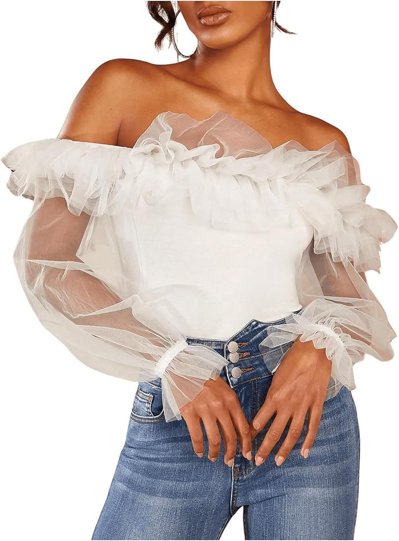 OYOANGLE Women's Ruffle Off Shoulder Blouse Mesh Puff Sleeve Party Tops Fitted Tee Shirt | Amazon (US)