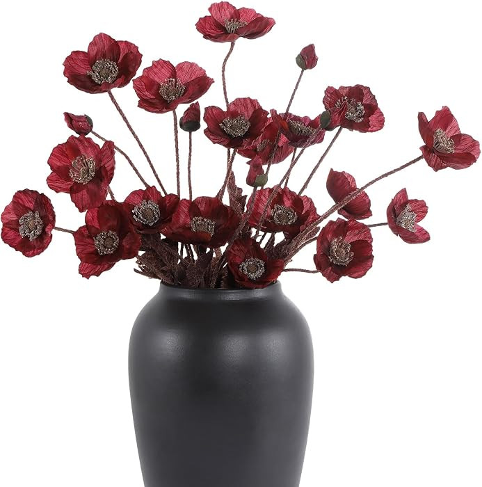 DuHouse 6 Stem Artificial Poppies Lifelike Silk Flowers with Buds(Burgundy) | Amazon (US)