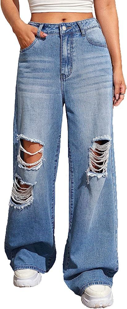 SweatyRocks Women's Casual Loose Ripped Denim Pants Distressed Wide Leg Jeans | Amazon (US)