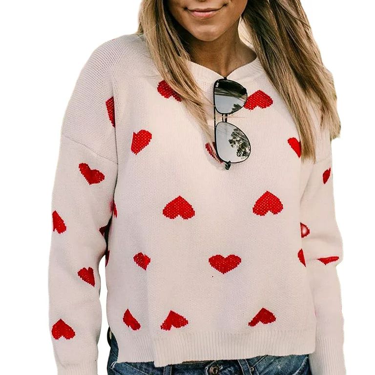 Multitrust Stylish Long Sleeve Heart Print Sweater Fashion Loose Knit Tops for Women | Walmart (US)