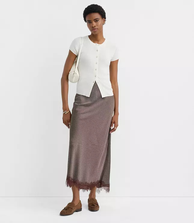 Petite Pindot Lace Trim Satin Bias Maxi Skirt | LOFT