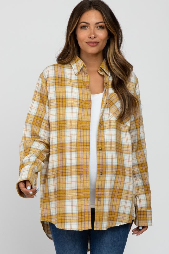 Yellow Plaid Button Up Collared Flannel Maternity Top | PinkBlush Maternity