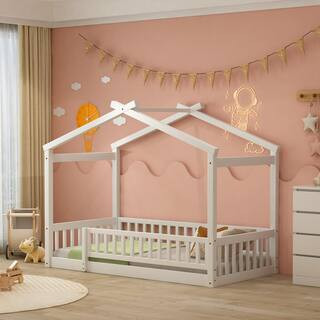 White Twin Size Wood House Bed with Fence Guardrails | The Home Depot