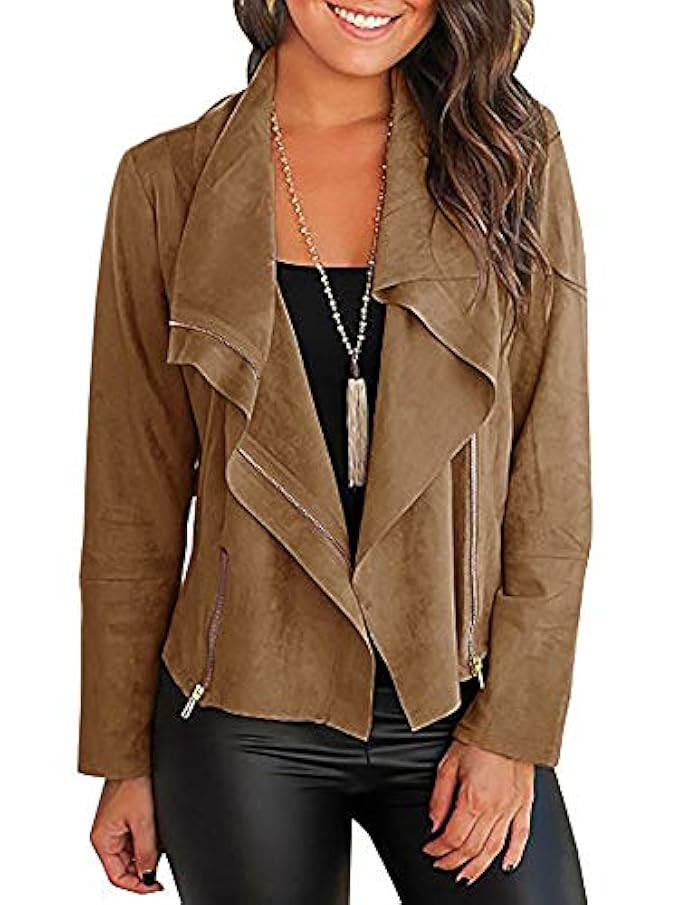 Mafulus Women Autumn Lightweight Jackets Faux Suede Zipper Solid Coat Tops Outwear | Amazon (US)