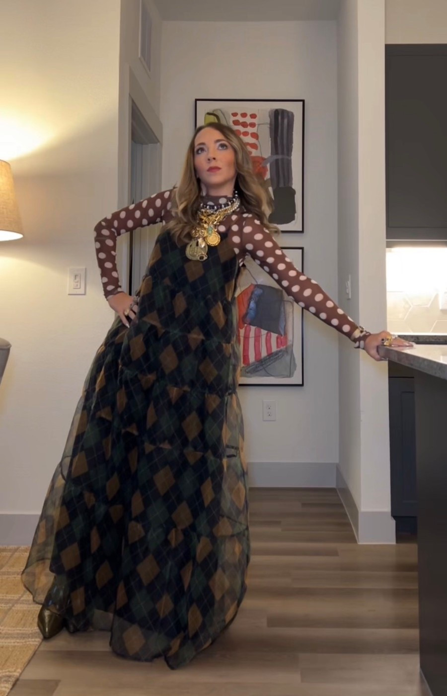 Maximalist workwear!!! Brown sheer long sleeve polka dot top paired with an organza argyle maxi dress
Patent wedge heeled boots and go to gold jewelry stack 

#LTKFindsUnder100 #LTKootd #LTKWorkwear