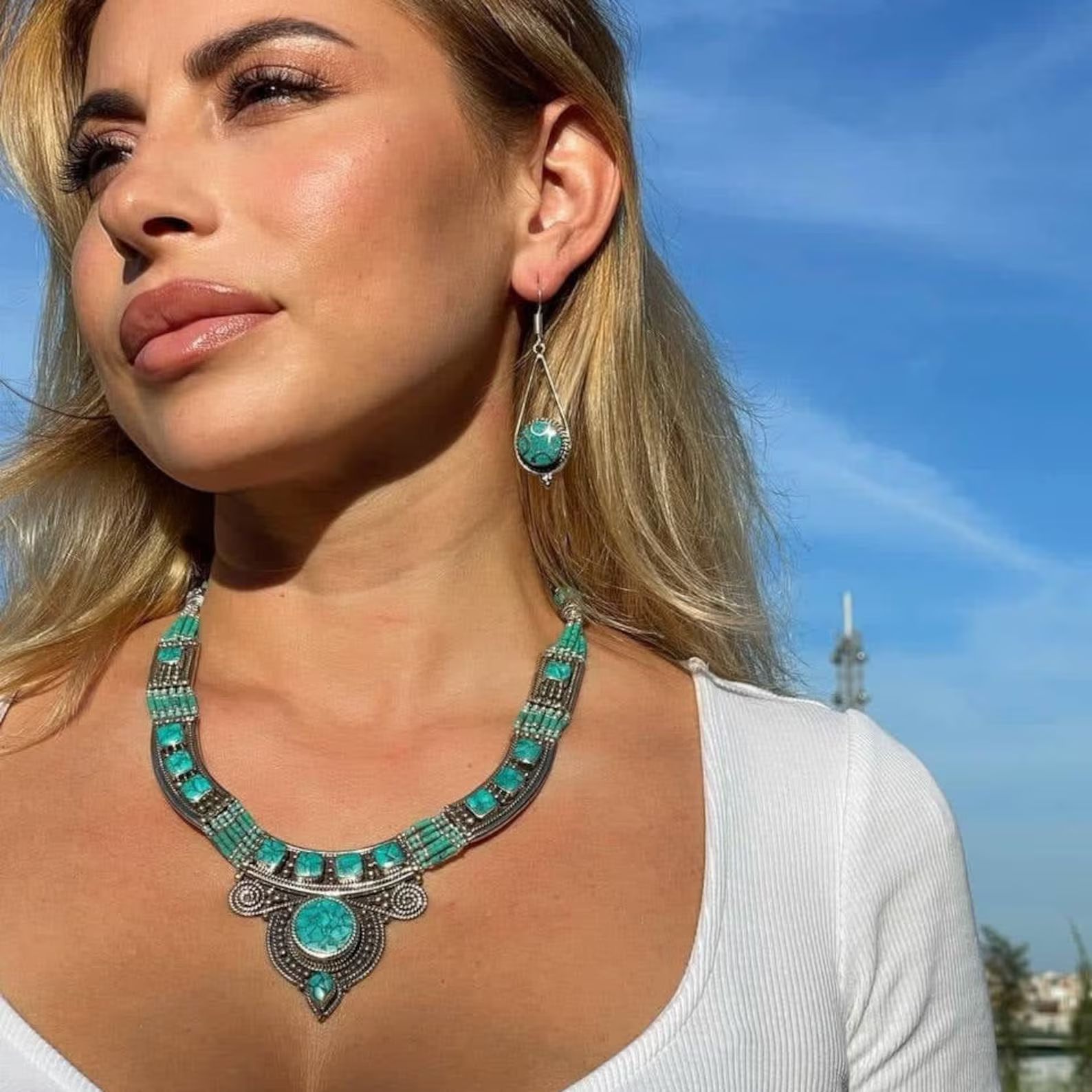 Nepalese silver boho necklace with turquoise, turquoise Tibetan collar, ethnic pectoral. | Etsy (EU)