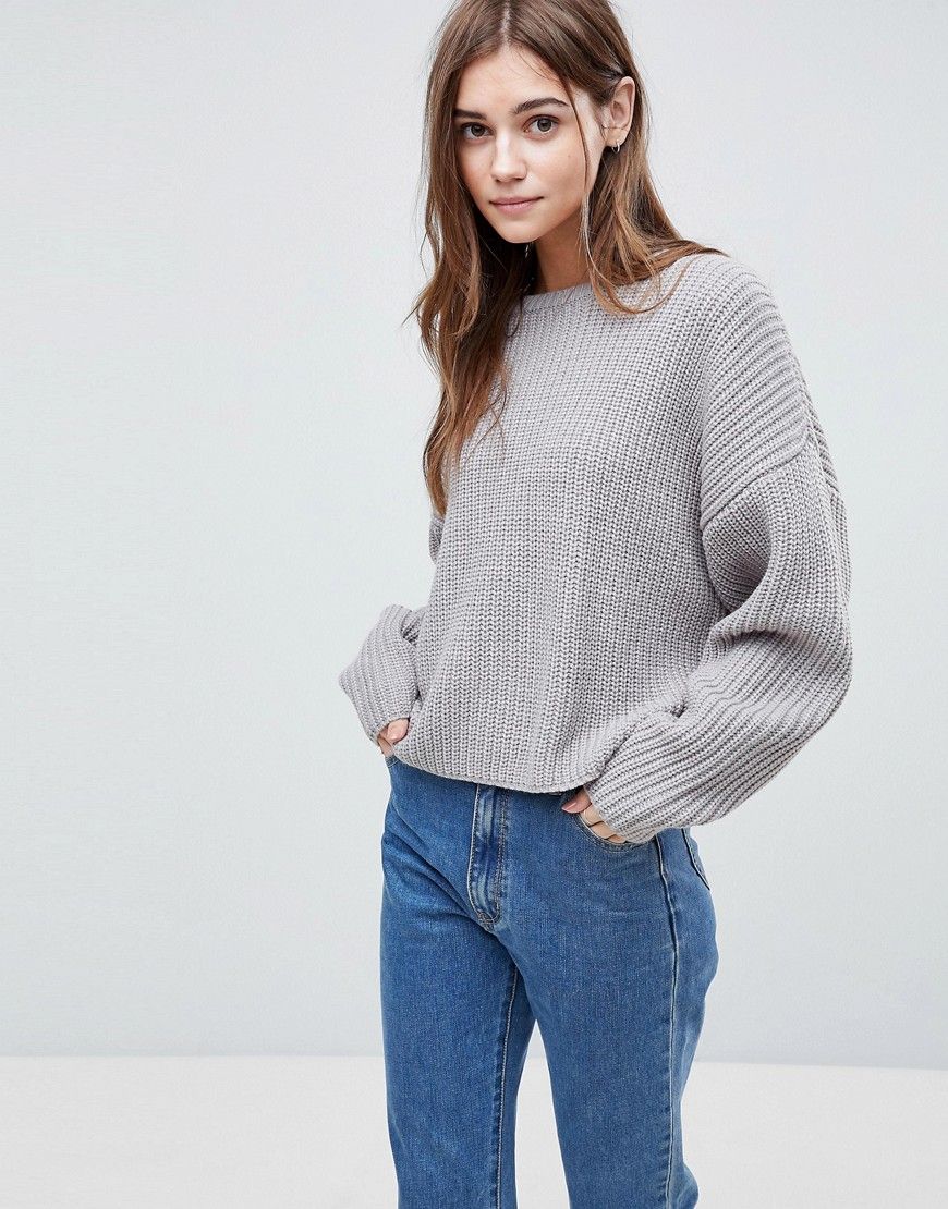ASOS DESIGN chunky sweater in crop with volume sleeve - Gray | ASOS US