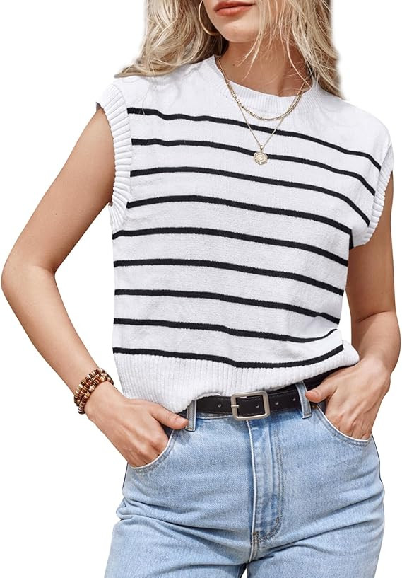 Arach&Cloz Womens Spring Summer 2024 Sweater Vest Cap Sleeve Crew Neck Striped Fashion Casual Sle... | Amazon (US)