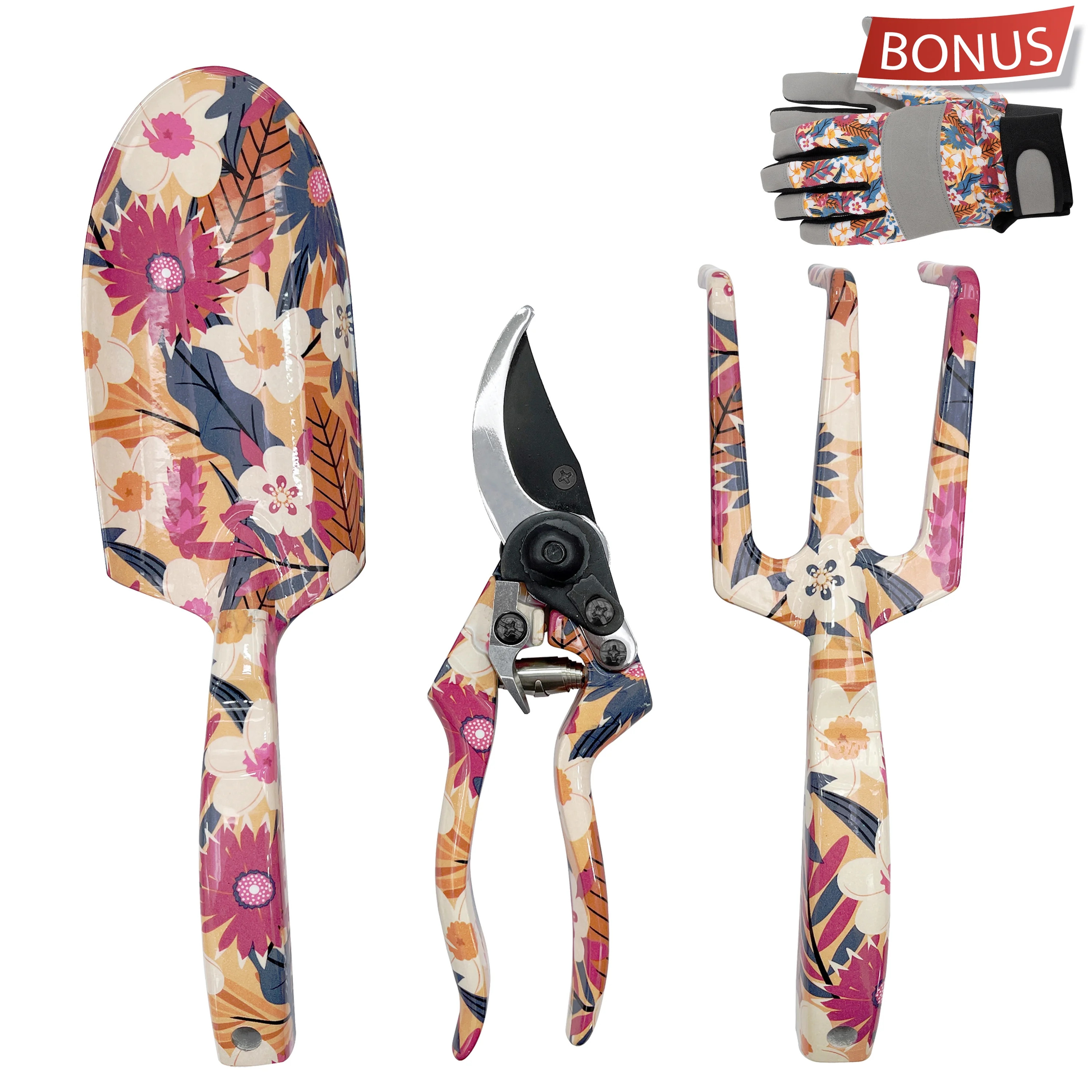 Essentials Purple Floral Garden Hand Tools Set with Cultivator, Trowel, Pruner and Bonus Gloves | Walmart (US)